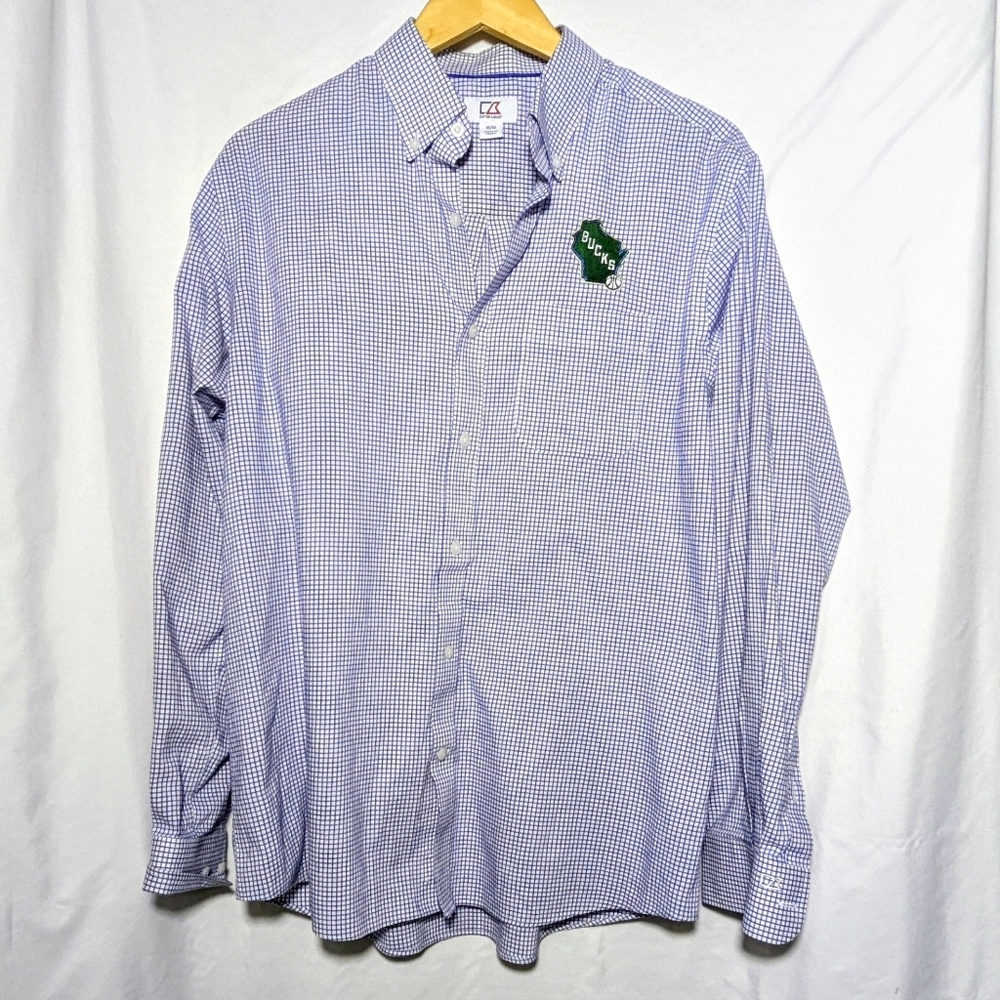 Cutter & Buck Blue & White Checkered Pattern Milwaukee Bucks Button Down Shirt M